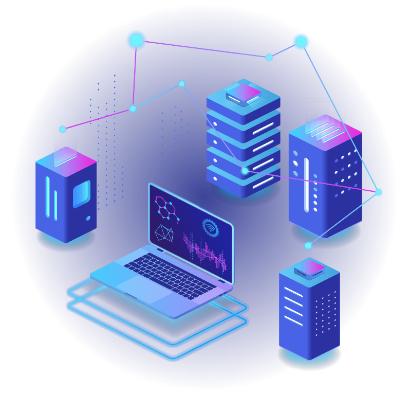 Ilustración de un notebook y servidores